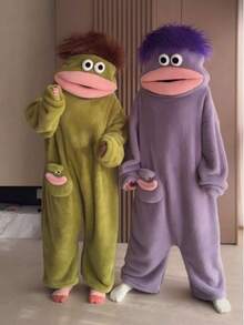 1pc/6 Styles: White, Purple, Yellow, Green One-Piece Pajamas, Premium Loungewear, Suitable For Cosplay, Unisex One-Piece Pajama Set, Cute And Funny Cartoon Big Mouth Monster Thick Coral Fleece Loungewear, Couple Pajamas, Cartoon Pajamas - Multicolor - View 1