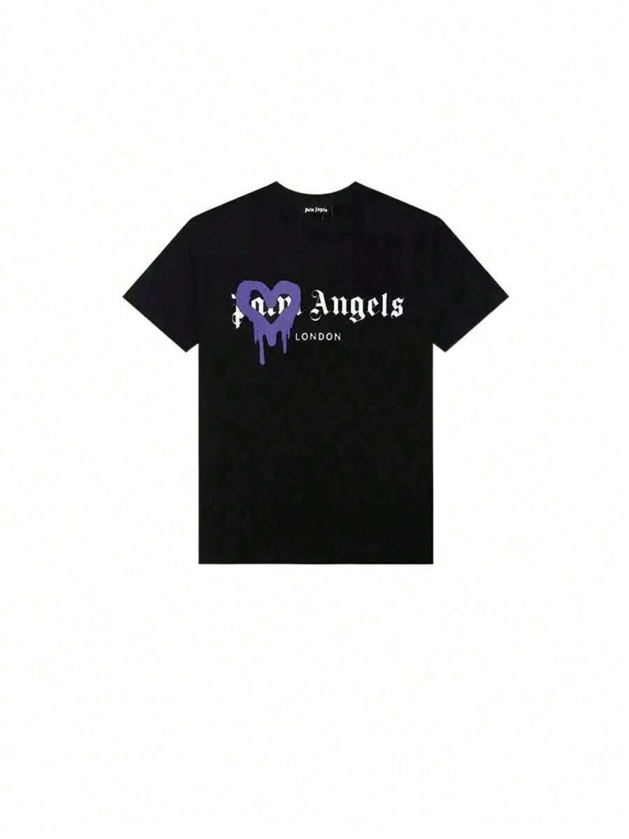 Unisex T-Shirt With A Round Neck And Short Sleeves, Printed With A Melting Blue Heart And Gothic Lettering, In A Casual Streetwear Style For Men And W - 黑色的 - 查看 1