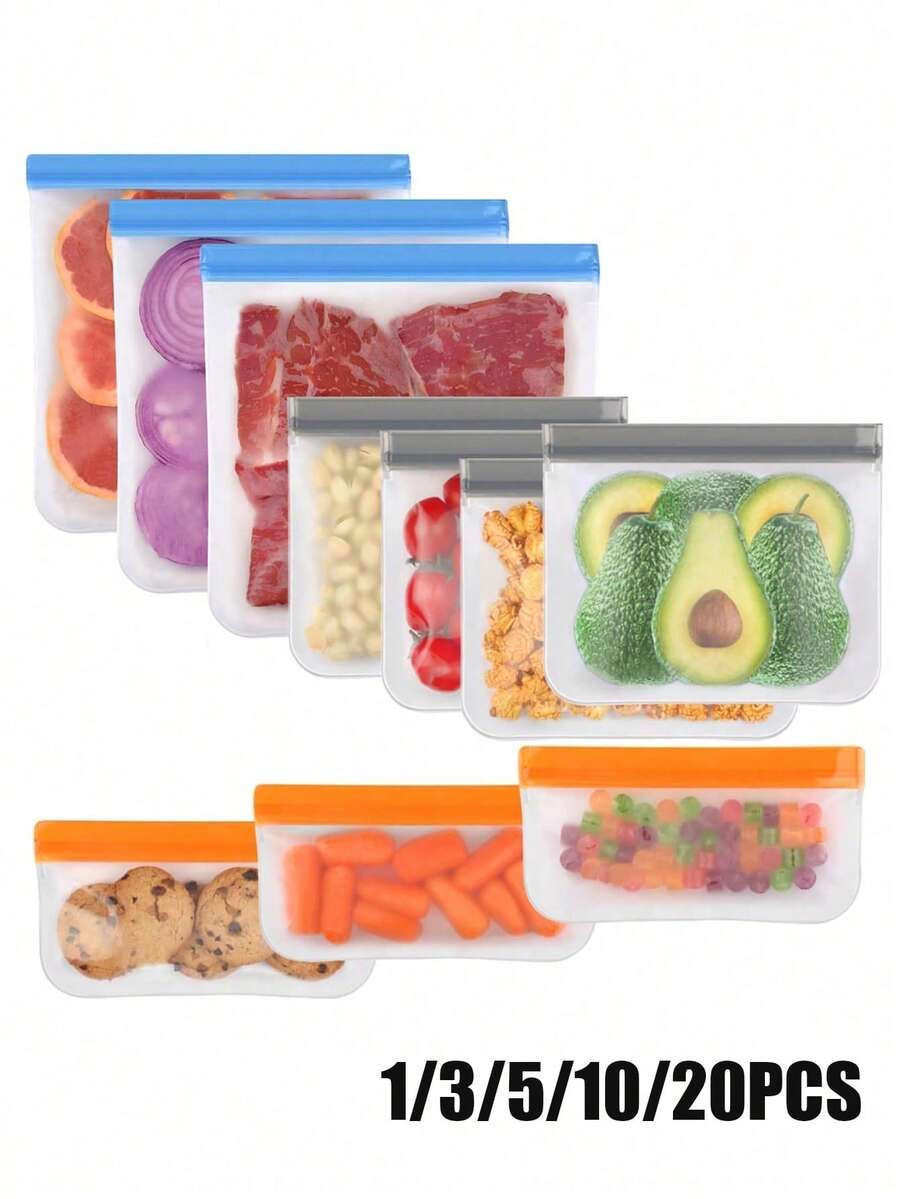 1/3/5/10/20入可重複使用自密封食品儲存袋，可機洗防漏矽膠冷凍保鮮袋，加厚醃漬袋，適合旅行、長期保鮮、冰箱食物儲存、居家冰箱收納、戶外派對儲存，適用水果、蔬菜、穀物與肉類