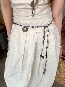 1pc Coffee Brown Polyester Vintage Bohemian Beaded Woven Waist Rope For Women - Coffee - View 5