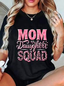 Plus Size, Mom Daughter Squad Matching Mothers Day T-Shirt - Black Tee with Pink Lettering Graphic Top, Soft Breathable 100% Shirt for Women & Men, Ev - Negro - Ver 1