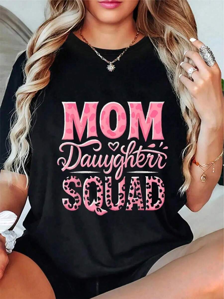 Plus Size, Mom Daughter Squad Matching Mothers Day T-Shirt - Black Tee with Pink Lettering Graphic Top, Soft Breathable 100% Shirt for Women & Men, Ev - Negro - Ver 1