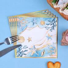 20/40/60pcs Watercolor Ocean Style Gold Rim Cocktail Napkins, Starfish And Shell Print 2-Ply Thickened Beach Tabletop Decorative Napkins, Suitable For Island Party, Pool Party, Beach Wedding, Mediterranean Style Party, Picnic, Baby Shower And Birthday Party - Multicolor - View 2