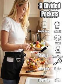 1pc 3-Pocket Black Server Apron, Short Half-Body Waist Apron For Catering Work Uniform - Multicolor - View 6
