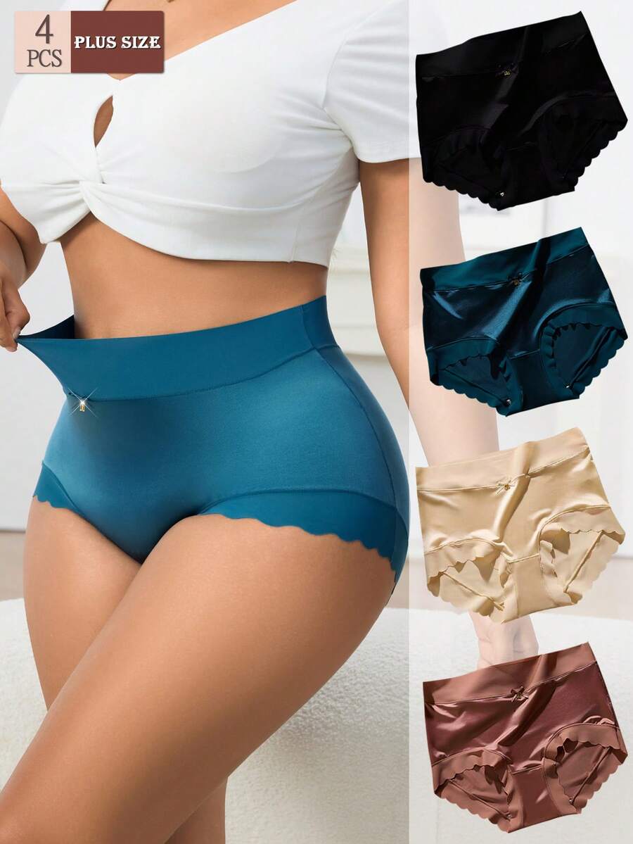 4pcs/Pack Women's Plus Size Seamless Solid Color Sexy Satin Bow Ruffle Mid-Waist Butt-Lifting Triangle Panties - Multicolor - View 1