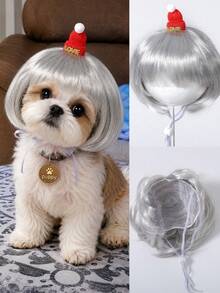 6 Inch Straight Bright Orange Pet Bob Wig With Full Bangs, Soft Synthetic Fiber, Cute Mini Knitted Green Hat With Pom Pom Decoration, Adjustable Strap, Suitable For Small Dogs And Cats Christmas Cosplay Costume Accessory, Halloween - Multicolor - View 9