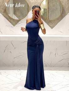 NEW IDEA 女款優雅性感海軍藍秋季長洋裝，單肩魚尾晚禮服，適合舞會、雞尾酒會、正式晚餐與派對穿著 - 藏蓝色 - 查看 7