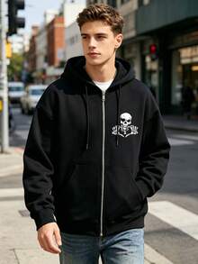 Personalized Custom Men's Hooded Zip-Up Sweatshirt Jacket, Front And Back Pattern Customization LOGO/Christmas/Halloween/Thanksgiving/Dance Team LOGO/Workwear/Campus Class Uniform/Advertising Printing/Lucky Number-Family Pet Friends-Anything Can Be Customized/Autumn Hooded Zip-Up Sweatshirt Jacket Fleece Lined Warm - Black - View 3
