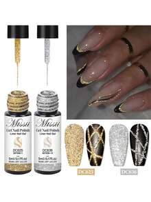 Mtssii 2pcs Reflective Glitter Nail Polish Set, Gold & Silver Spider Line UV Gel, Ultra Shiny French Line Graffiti Striped DIY French Manicure Design Nail Art Gel Set, Removable Nail Polish, Nail Salon Home Manicure Gift - 彩色 - 查看 10