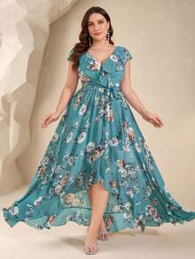 UNITHORSE Non-Positioning Flower V-Neck Ruffle Collar Detachable Tie Asymmetrical Ruffle Hem Printed Bridesmaid Dress - Green - View 1