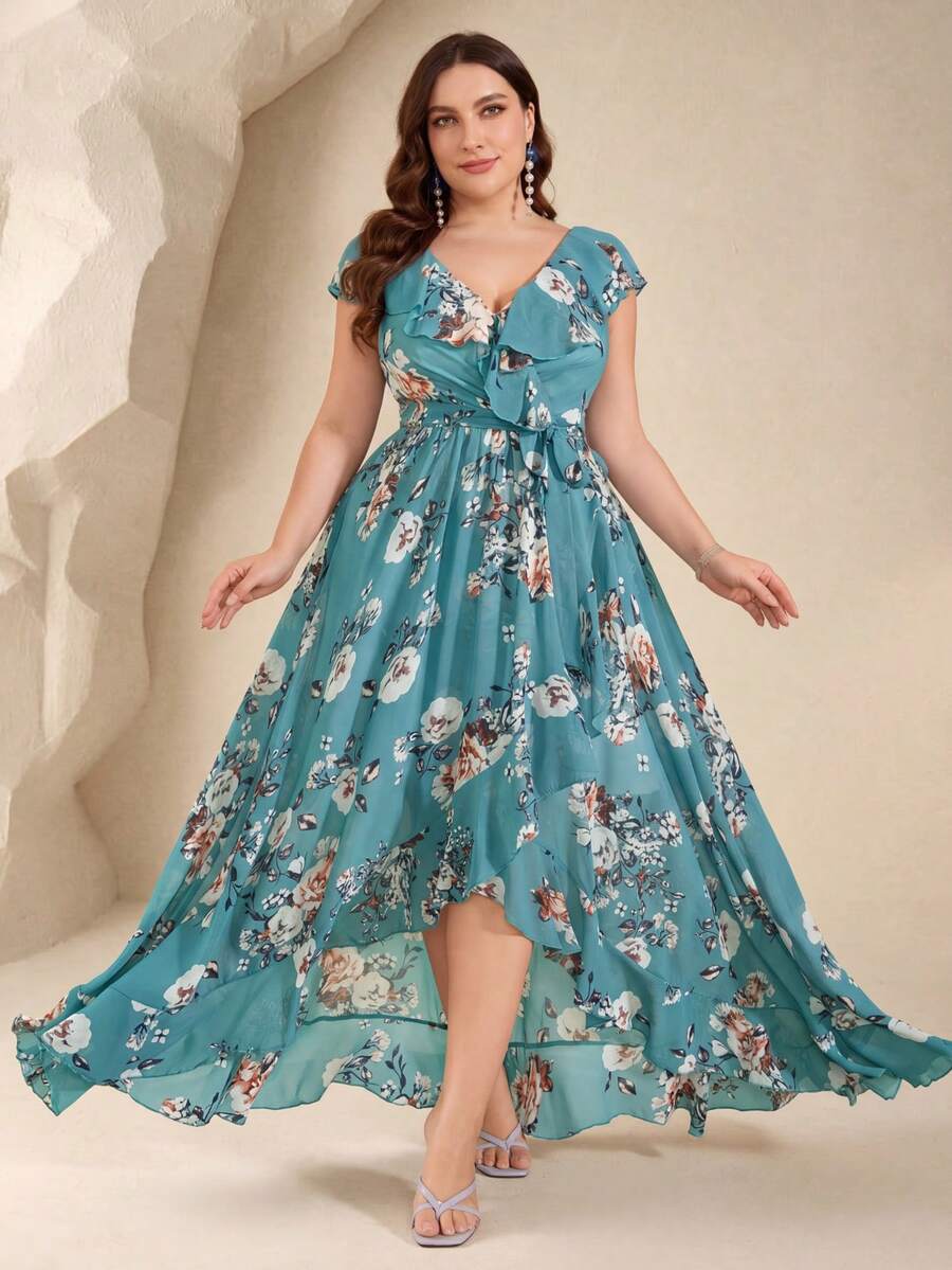 UNITHORSE Non-Positioning Flower V-Neck Ruffle Collar Detachable Tie Asymmetrical Ruffle Hem Printed Bridesmaid Dress - Green - View 1