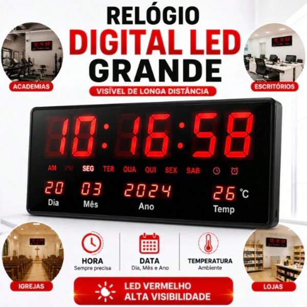 Relógio Digital Grande LED Vermelho Parede Hora Data Temperatura Calendário Eletrônico Display Gigante Visor Grande Fácil Leitura Academia Loja Recepção Escritório Comércio Escola Igreja Hospital Sala Empresa Hotel Cronômetro Relógio de Parede Moderno Painel Digital Decoração Ambiente Profissional