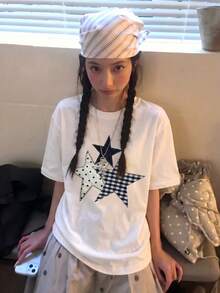 Y2K 輕亞文化美學條紋復古星星印花短袖 T 恤 E-Girl 上衣 夏季新款休閒白色短袖上衣 - 白色 - 查看 2