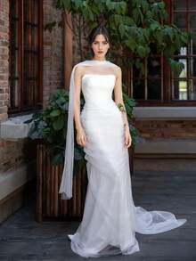 1 pieza Chal largo de malla blanca para mujer, 350X60cm Elegante velo de novia, adecuado para boda, banquete, actuación, fiesta, accesorio de fotografía de viaje, accesorio nupcial, decoración festiva, bufanda de cuello premium estilo coreano, bufanda larga de malla suave, velo de hombro para cola de vestido de novia, bufanda larga de gasa premium estilo coreano vintage, chal exterior para vestido de novia cheongsam - Blanco - Ver 3