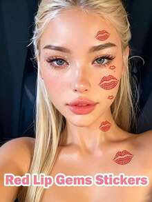 1pc Red Lip Print Rhinestone Sticker, Shiny Valentine's Day Temporary Face & Body Decoration, Sexy Synthetic Gemstone Lip Design Suitable For Party, Event, Photo, Party Accessories, Event Makeup, Bold Lip Shape Design, Glitter Effect, Rhinestone Embellishment, Suitable For Makeup, Eyes, Hair, Body, Carnival Accessories - A - View 3