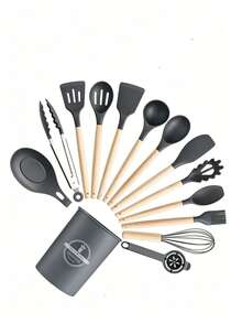 5/12/14/36pcs Kitchen Cooking Utensils Set,Non-Stick Silicone Cooking Kitchen Utensils Spatula Set With Holder, Wooden Handle Silicone Kitchen Gadgets Utensil Set - Multicolor - View 24