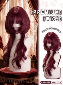 alicegarden 28-Inch Long Synthetic Wig Featuring A Natural Wavy Style In A Stunning Burgundy. Designed With Bangs , This False Hairpiece Is Perfect For Ms Halloween Cosplay Daily Use, Offering A Natural And Natural Durable Wig Gift For Ladies. - Burgundy - View 2