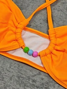 2026 Summer New Women's Beach Vacation Casual Elegant Sexy Orange Bandeau Halter Bikini Set With Beaded Details - Orange - View 5