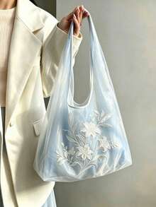 2026 New Light Blue Mesh Embroidery Tote Bag For Women, Lily Embroidered Large Capacity Shoulder Bag, Versatile Commuter Bag - Baby Blue - View 1
