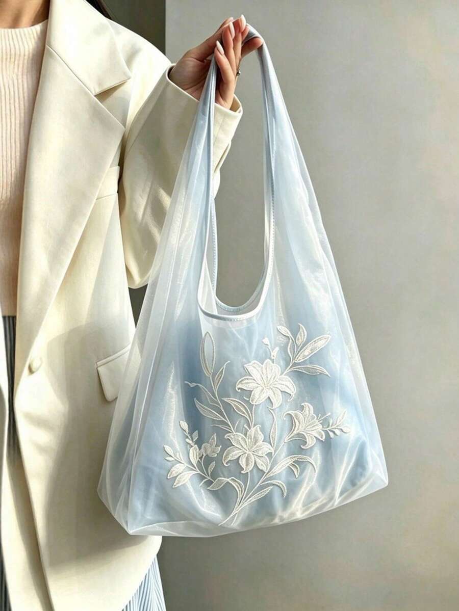 2026 New Light Blue Mesh Embroidery Tote Bag For Women, Lily Embroidered Large Capacity Shoulder Bag, Versatile Commuter Bag - Baby Blue - View 1