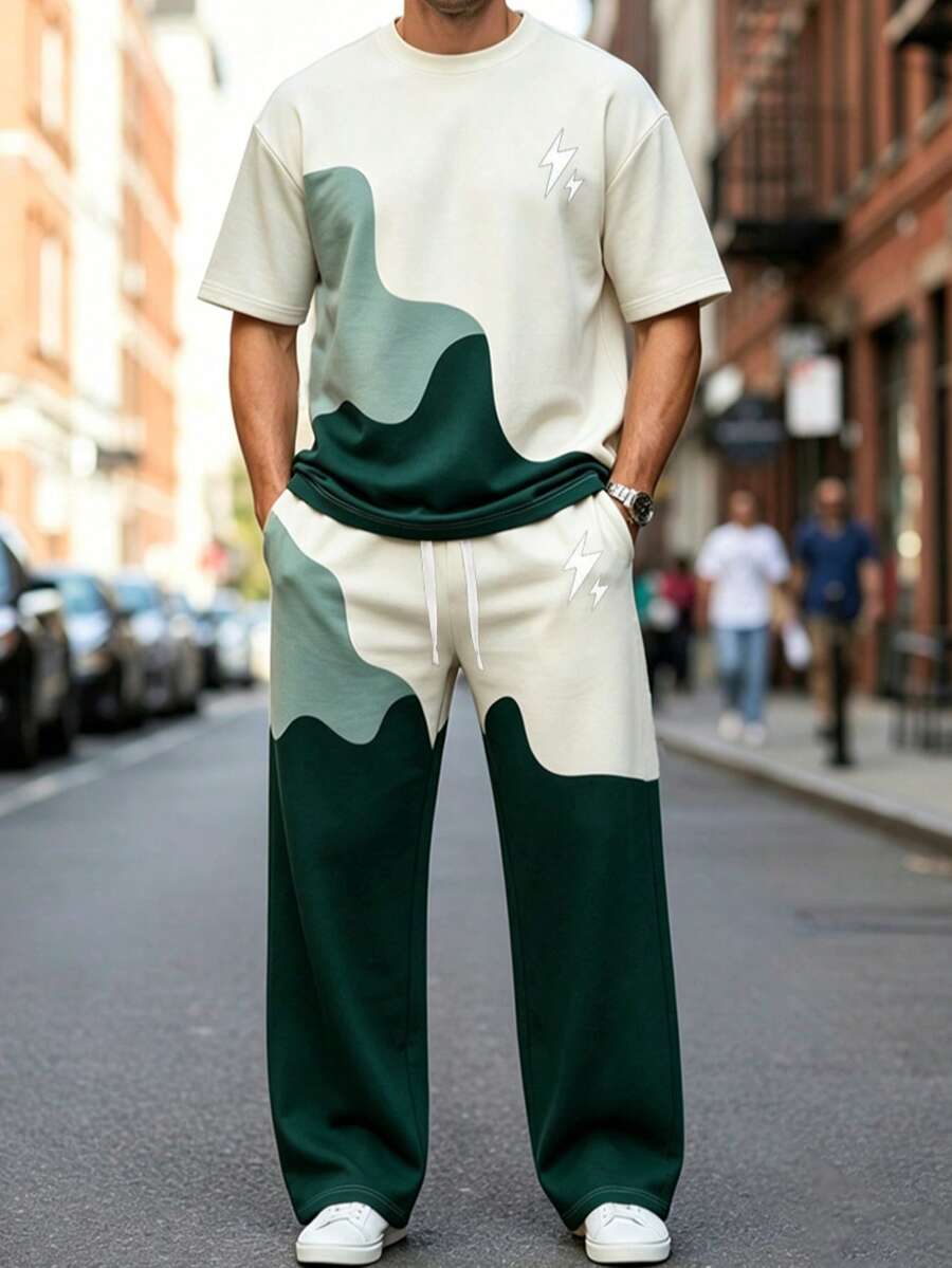 Men's Autumn/Winter Fashion Versatile Colorblock Wavy Wide Leg Pants & Short Sleeve Top Set - Multicolor - View 1