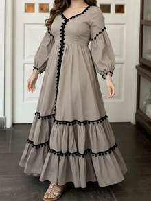 Women's Spring/Autumn Elegant Fashion Long Sleeve Minimalist A-Line Dress - Khaki - View 4