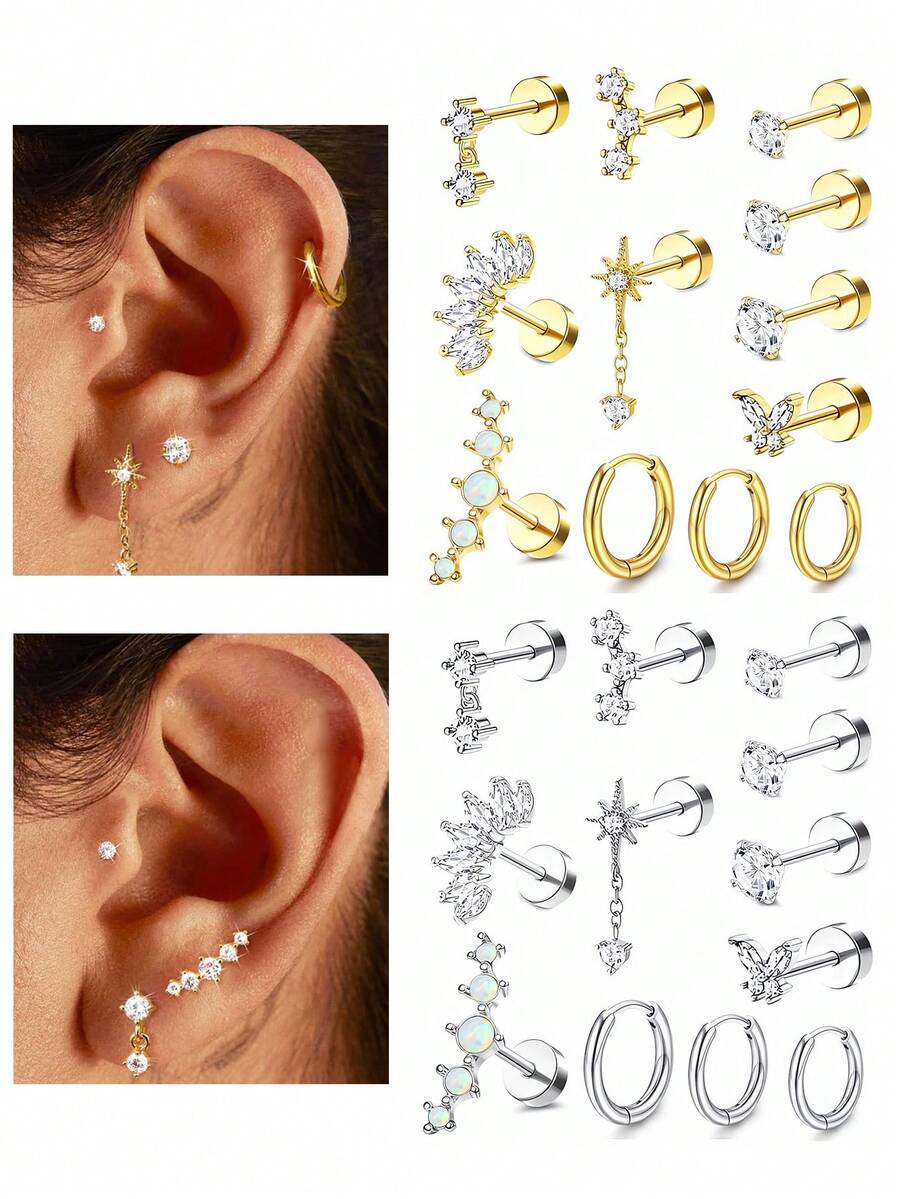 TOKRING 12pcs Women's Stainless Steel Gold Cartilage Earring Set, Flat Back Spiral Earrings, Cartilage Earring Set Suitable For Daith, Tragus, Conch, Flat Back Earrings - Earring Set - View 1