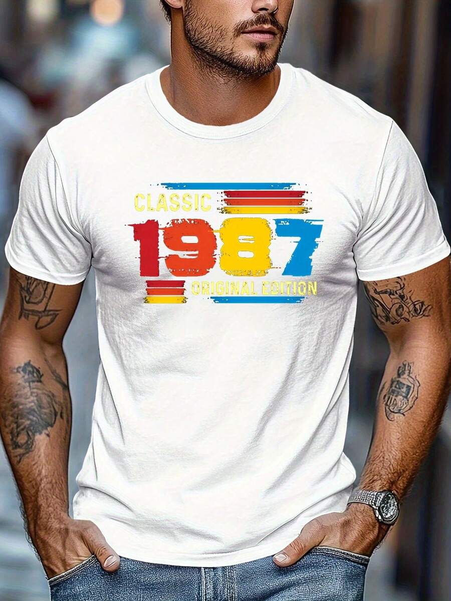 Men's Vintage Short-Sleeved T-Shirt, Ideal For Summer And Birthdays - 白色 - 查看 1