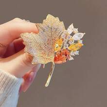 Vintage Luxury Full Rhinestone Maple Leaf Brooch Green Orange Colorful Rhinestone Inlaid Exquisite 3D Leaf Lapel Pin Accessory For Suit Coat - Multicolor - View 5