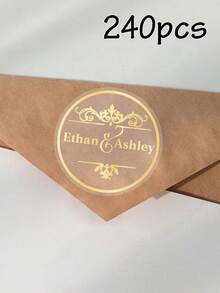 LICVIC 30-240 piezas Pegatinas personalizadas para bodas, lámina dorada transparente, etiquetas de boda personalizadas, etiquetas de recuerdos de fiesta con texto personalizado, estampado dorado, pegatinas autoadhesivas personalizables para fiestas de boda, etiquetas para bolsas de fiesta, 4x4cm, 4 estilos. - Estilo A - Ver 12