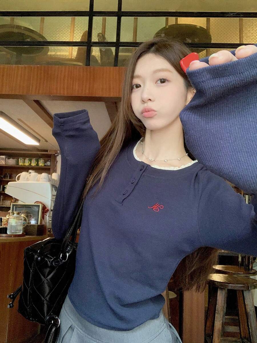 Autumn/Winter Lace Patchwork Round Neck Button 2 In 1 Long Sleeve Base Layer T-Shirt - Navy Blue - View 1