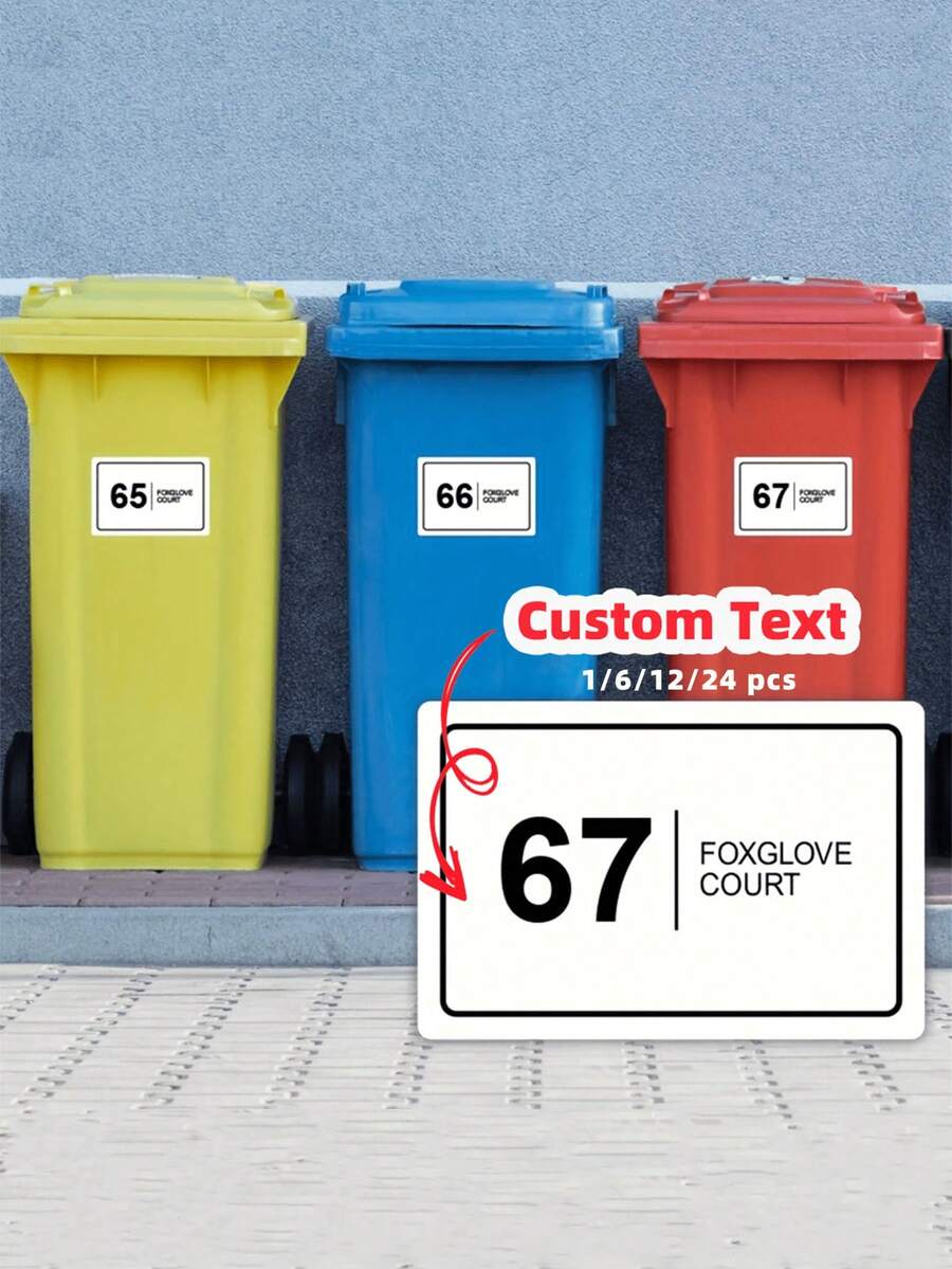 1/6/12/24 Pcs Customized Trash Can Stickers - Customize Your Trash Can With High-Quality Stickers, Can Print Your House Number And Street Name, Waterproof Horizontal Stickers, Modern Customized, Personalized, Unique, Ideal Housewarming Gift For Boyfriend, Girlfriend, Dad, Mom, Family, Friends. - Multicolor - View 1