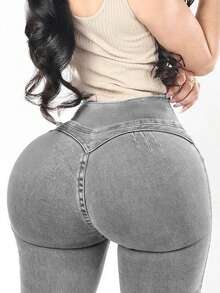 Plus Size High Waist Butt Lifting Skinny Jeans - Grey - View 2