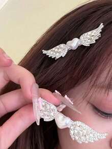 1/2件組女款可愛時尚水鑽翅膀髮夾，Ins風瀏海與散髮夾，適合日常與派對髮型，精緻髮飾髮夾髮爪 - 銀色 - 查看 2