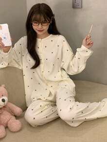 2pcs/Set Women's Pajamas Loungewear Set, Fashionable Open Front Cute Bear Head Pattern Print Long Sleeve Long Pants, Suitable For All Seasons - Champagne - View 4