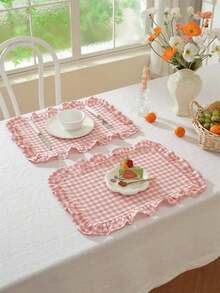 1/2/4pcs Korean Style Plaid Sweet Ruffle Edge Cute Princess Style Candy Color Plaid Food Plate Heat-Insulating Background Mat Napkin, Nordic Country Style Blue Plaid Table Mat Napkin - Multicolor - View 7