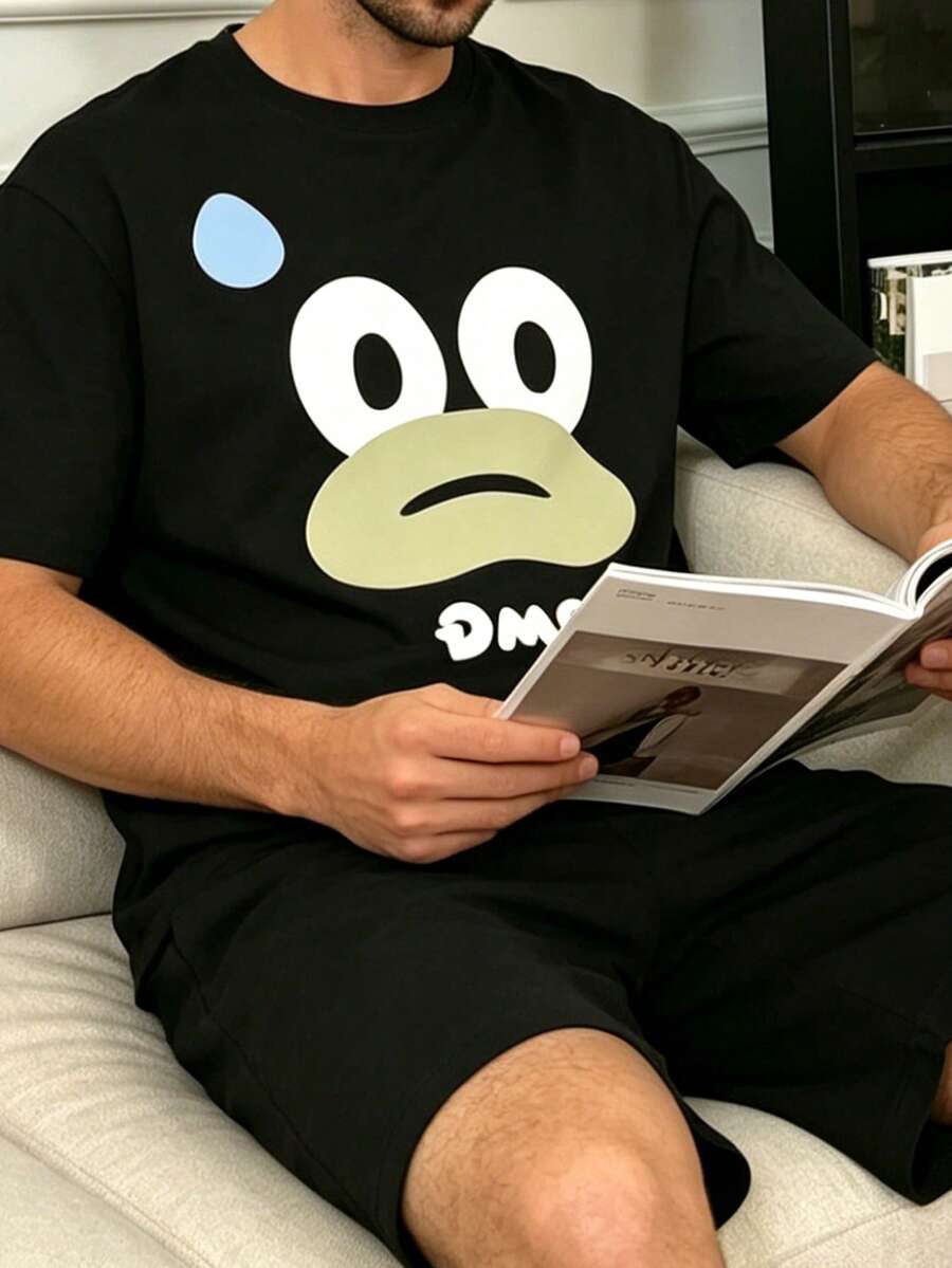 男士休閒睡衣 夏季薄款圓領簡約卡通印花短袖短褲兩件套 慵懶舒適居家服 - 彩色 - 查看 1