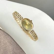 1件女士金合金手镯腕表，椭圆形表盘，时尚白色指针，休闲优雅罗马数字石英表，适合日常装饰佩戴 - 卡其色 - 查看 13