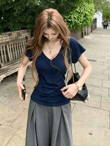 Navy Blue V-Neck Slim Fit Short Sleeve T-Shirt, Korean Style Sexy Slimming Versatile Top - Navy Blue - View 10