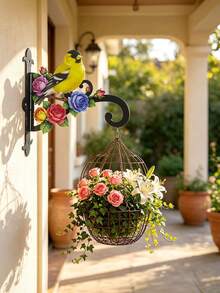 Colorful Goldfinch & Floral Decorative Wall Mount Plant Bracket, Wrought Iron Hanging Flower Pot Hook, Heavy Duty Anti-Rust Hanger For Hanging Basket, Bird Feeder, Wind Chime, Lantern, Outdoor Patio Yard Porch Garden Wall Art Decor - Yellow Bird Flowers - View 3