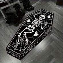 1 pieza Alfombra con estampado de esqueleto bohemio en ataúd, alfombra de piso interior plegable de fácil cuidado, alfombra suave y duradera lavable a máquina, adecuada para sala de estar, dormitorio, comedor, pasillo, alfombra de sala de estar, alfombra, alfombra de área de sala de estar, alfombra de área pequeña, alfombra, decoración del hogar, alfombra grande de sala de estar, alfombra redonda, decoración del hogar de sala de estar, decoración de la habitación, alfombra lavable - A - Ver 1