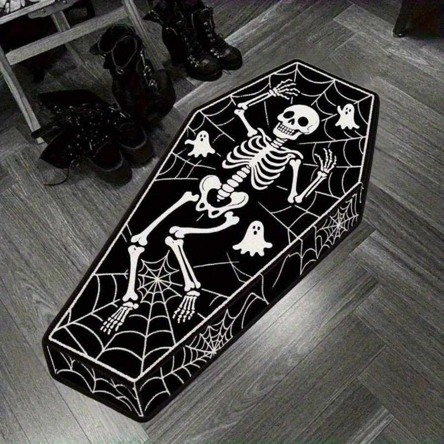 1 pieza Alfombra con estampado de esqueleto bohemio en ataúd, alfombra de piso interior plegable de fácil cuidado, alfombra suave y duradera lavable a máquina, adecuada para sala de estar, dormitorio, comedor, pasillo, alfombra de sala de estar, alfombra, alfombra de área de sala de estar, alfombra de área pequeña, alfombra, decoración del hogar, alfombra grande de sala de estar, alfombra redonda, decoración del hogar de sala de estar, decoración de la habitación, alfombra lavable - A - Ver 1