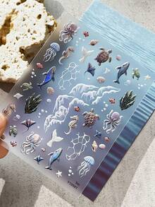 5D 浮雕美甲貼紙 3D 立體海豚、海龜、章魚、海馬、水母、貝殼波浪圖案 自黏式美甲貼片 防水透明水下美甲裝飾 適合夏季秋季 DIY 美甲美甲沙龍配件 1片 - 墨綠色 - View 5