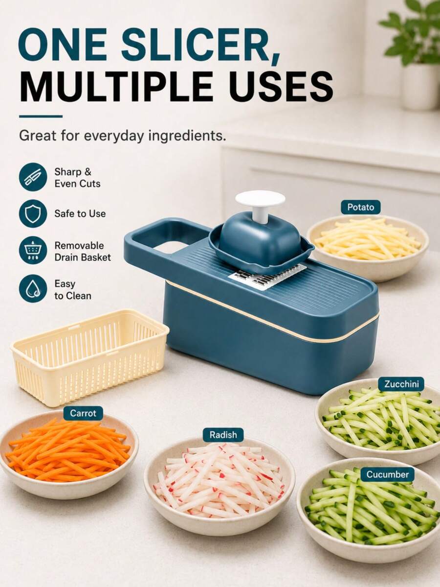 1pc Vegetable Slicer Potato Shredder Multi-Function Kitchen Gadget Cutter Julienne Peeler For Salad - Dusty Blue - View 1