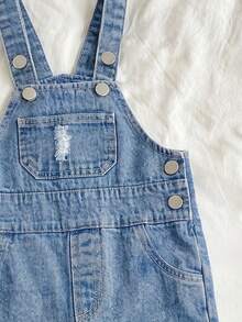 Toddler Unisex Denim Overalls, Soft Cotton Blue Vintage Distressed Denim Fabric, Adjustable Shoulder Straps Retro Style, Suitable For Summer, 80s, Career Day, Back To School, Halloween, Halloween Costume, Halloween Denim - Medium Wash - View 6