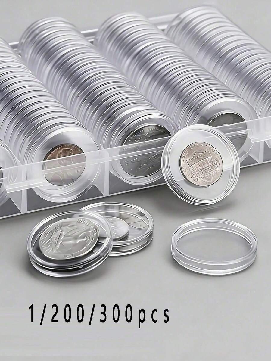 1/200/300pcs Coin Collection Box Set - Transparent Coin Capsules, Round Plastic Coin Boxes, Coin Collection Storage Box Supplies, Commemorative Coin Protection Boxes, Christmas, Transparent Round Plastic Coin Boxes With Storage Box, Adjustable Coin Protection Boxes, Commemorative Coin Protection Boxes - Multicolor - View 1