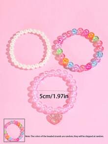 3pcs/Set Girls Cute Heart Pendant Bracelet Set, Charming Beaded Children Jewelry Bracelet, Daily Party Gift For Girls - one-size - View 3