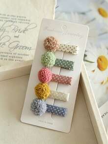 5-Piece Plush Flower Hair Clip Set, Cute Plaid Polka Dot Fabric Hair Clips, Soft Flower Side Bangs Clips, Pastel-Colored Everyday Hair Accessories. - Multicolor - View 5