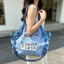 1 Peça Nova Bolsa de Compras Casual de Toalha com Padrão Bordado de Gato, Armazenamento Leve de Nylon, Grande Capacidade, Dobrável, Adequada para Deslocamento, Festa, Abertura Superior com Cordão, Alça de Ombro Ajustável, Bolsa Transversal de Ombro Feminina - Multicolorido - Visão 3