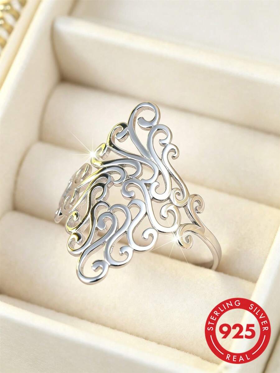 Vintage 925 Sterling Silver Hollow Floral Pattern Ring, Bohemian Style Ladies Ring, Party/Dating Gift - Silver - View 1